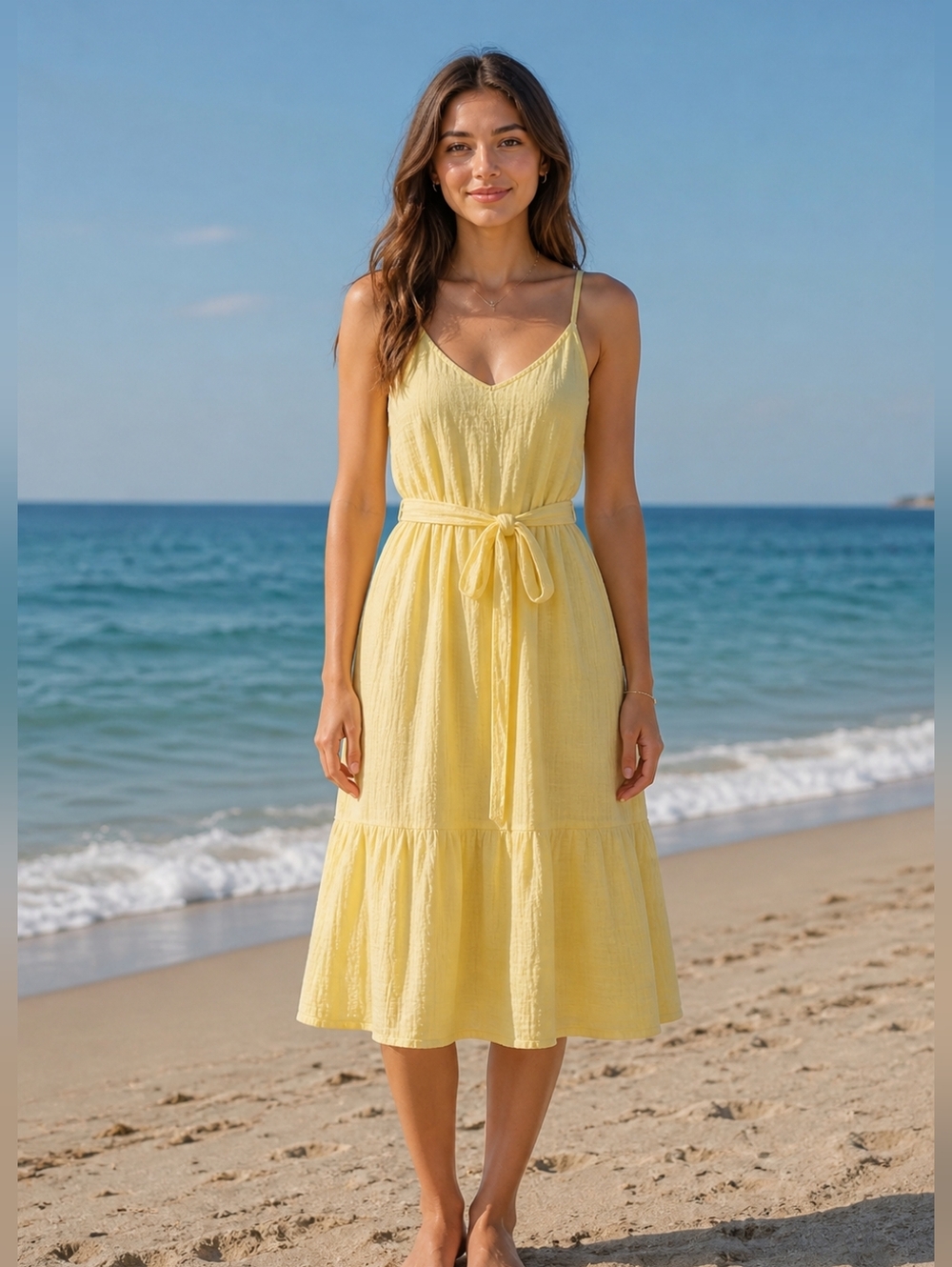GAP Yellow Spaghetto Strap Maxi Dress With Tie Belt Size M